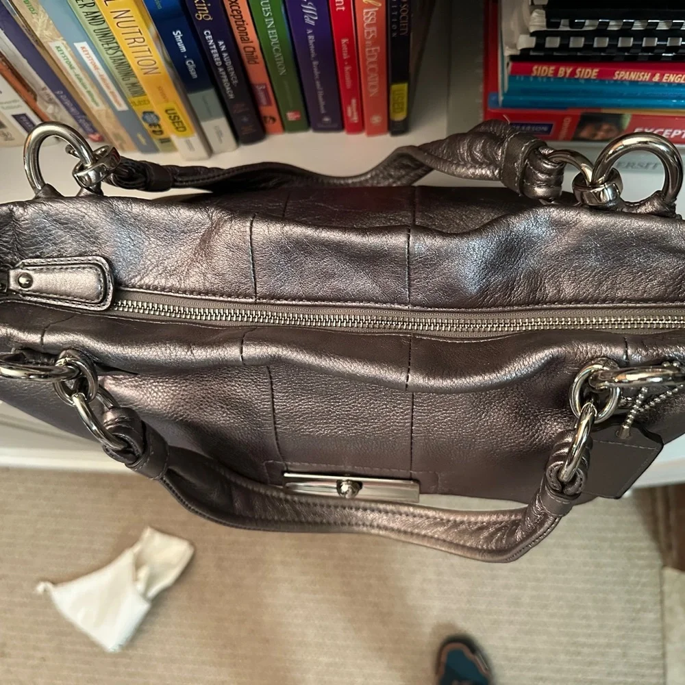 COACH Metallic Silver Leather Tote Bag with Chain Detail